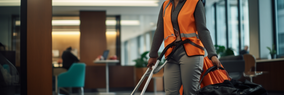 Janitor Pulls A Trolley For Cleaning Offices