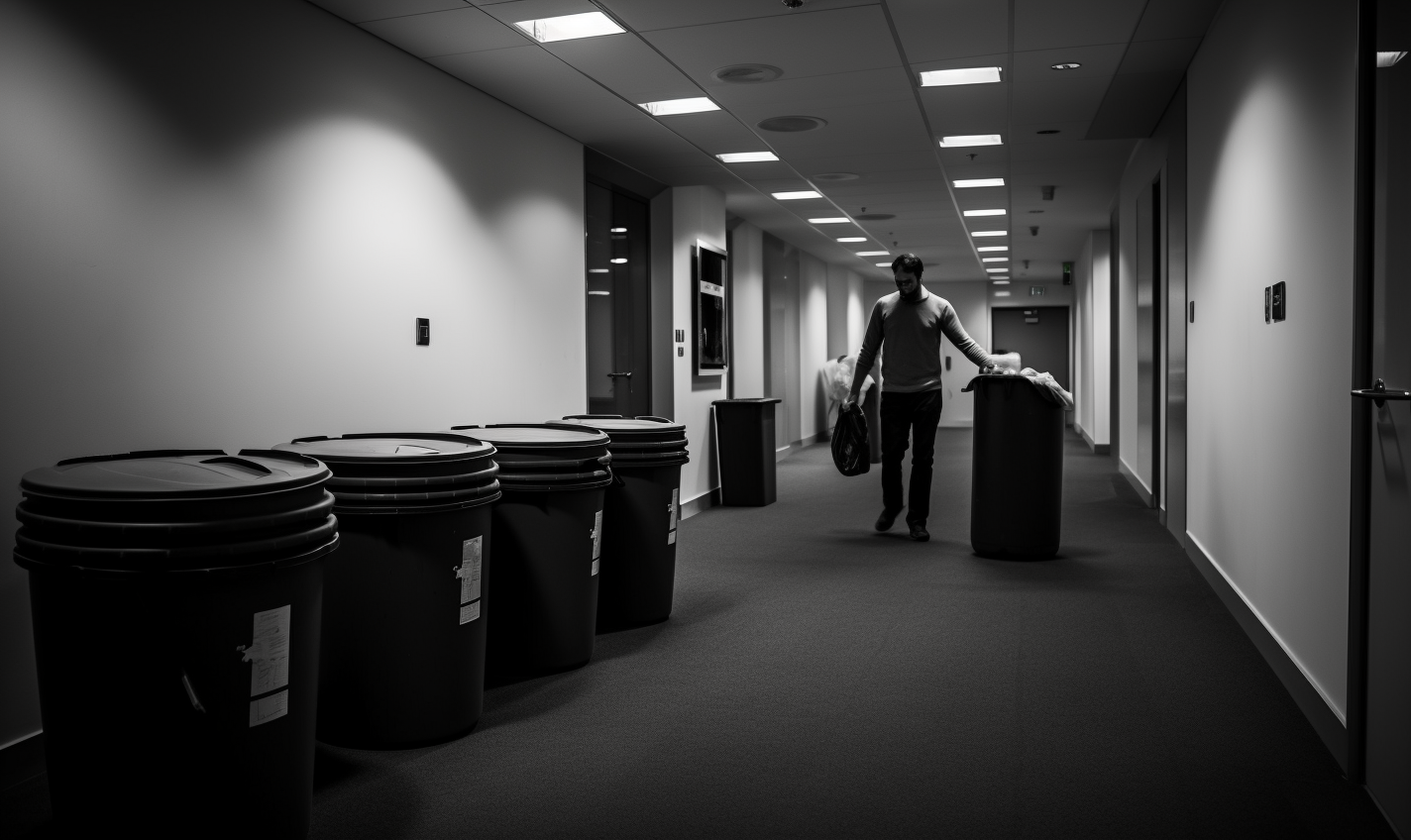 Men Janitor Empty Trash Cans In Office