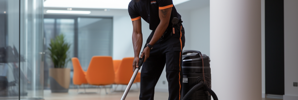 A janitor vacuums office floor.